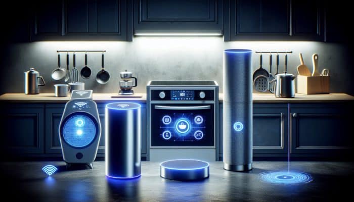 A modern kitchen featuring voice-activated gadgets such as Amazon Echo, Google Nest Hub, smart oven, and coffee maker.