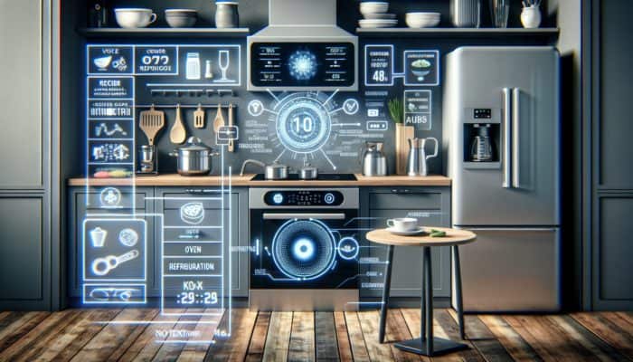 A smart kitchen showcasing voice-activated control of oven, fridge, coffee maker, displaying recipe and timer.