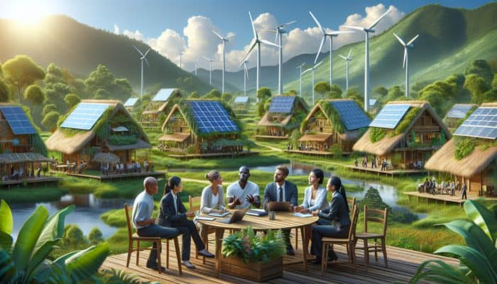 A peaceful village equipped with solar panels and wind turbines, with experts discussing sustainable living in a verdant environment.