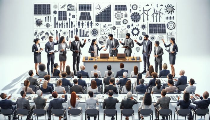 A diverse group of experts at a conference presenting renewable energy data alongside visuals of solar panels and wind turbines, with an audience taking notes.