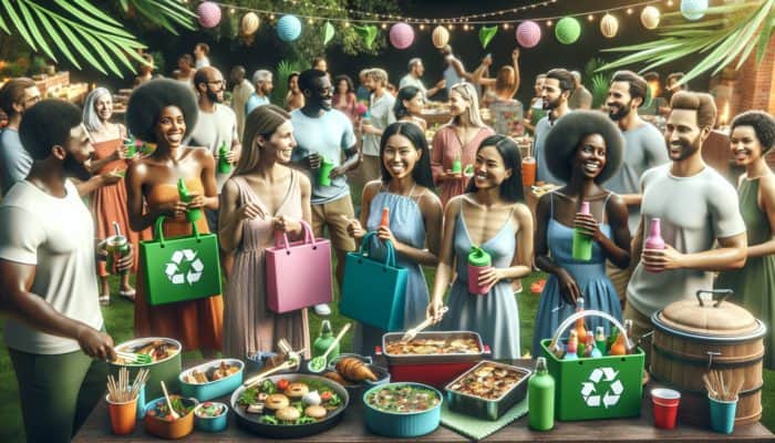 Guests at a BBQ filling colourful reusable containers with leftovers at a designated eco-friendly area.