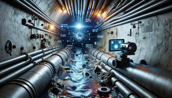 Sewer Inspection Services in Maple Ridge: A robotic camera inspecting sewer pipes, revealing cracks, leaks, and corrosion in a residential setting.