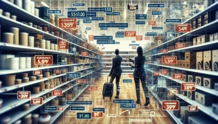 A vibrant retail store with clearance items on shelves, labeled with colorful tags and signs. Shoppers browsing, expert pointing to labeling strategies.