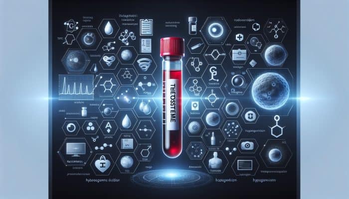 Testosterone Blood Test in Northampton: Illustration of testosterone blood test with vial, molecules, and diagnostic charts for health conditions.