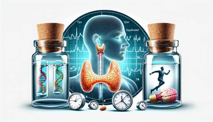 Thyroid Blood Test in Newquay: A medical illustration of a thyroid gland with blood vials labelled TSH, T4, T3, showing symptoms of hypothyroidism and hyperthyroidism.