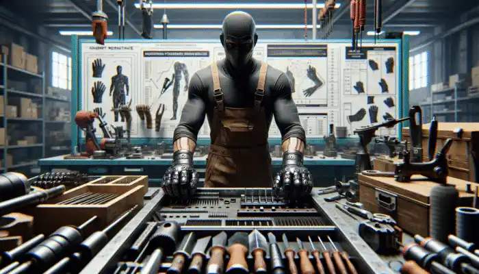 A worker in a busy workshop wearing snug, high-cut resistance gloves, handling sharp tools with confidence.