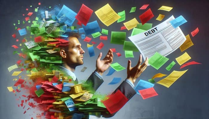 A person consolidating multiple colorful debt papers into one clear loan document, symbolising financial clarity and relief in the UK.