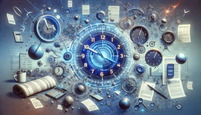 A timeline graphic showing the UK debt consolidation process stages and durations, with financial documents and a clock.