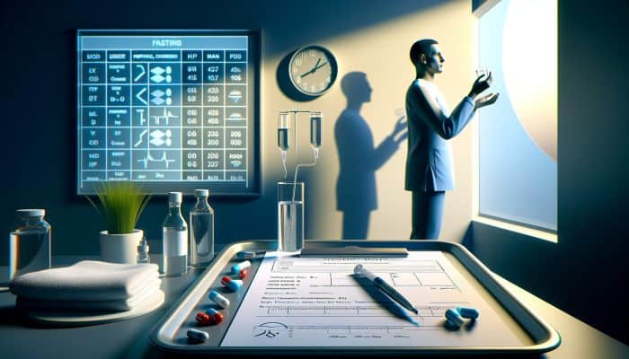 Person fasting, drinking water, clock showing 8-12 hours, medical form, clinical setting before testosterone test.