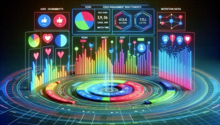 A digital dashboard illustrating graphs of video engagement metrics by user sign-up month, focusing on retention rates.