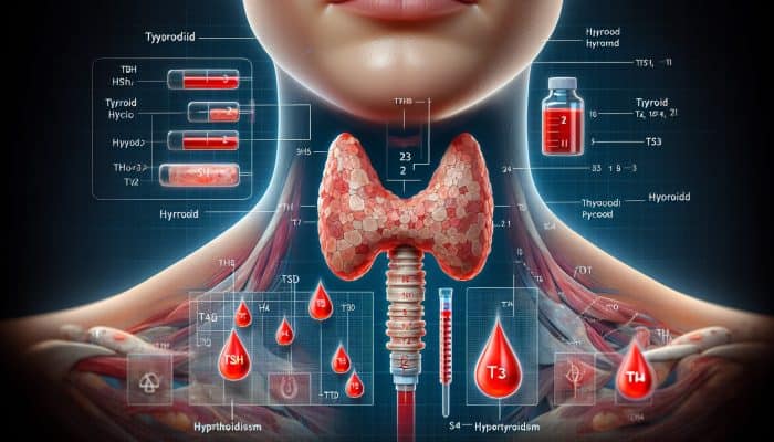 Thyroid Blood Test in Norwich: Illustration of thyroid gland in neck, showing blood tests for TSH, T3, T4, and conditions like hypothyroidism and hyperthyroidism.