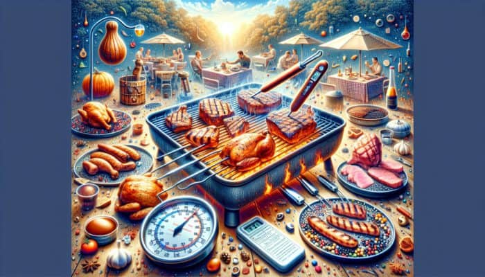 A vibrant BBQ scene with various meats on a grill, monitored by a meat thermometer, timer, and reference guide.