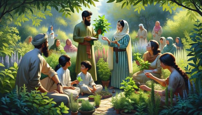 A family in a garden learning about detox herbs from an herbalist.