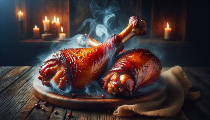 Close-up of perfectly smoked turkey legs with a golden-brown glaze on a rustic wooden table.