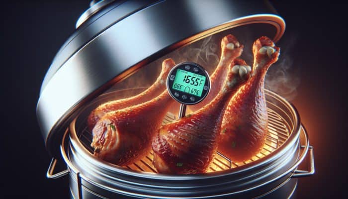 A digital thermometer monitoring turkey legs smoking evenly at 165°F in a high-tech smoker.