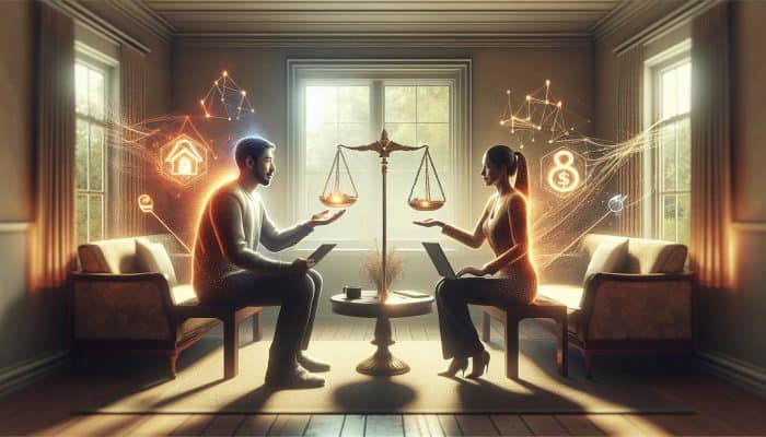 A couple in a cozy UK living room discussing financial strategies calmly with laptops and documents, symbolising trust and collaboration.