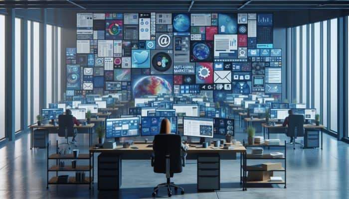 A modern office in Marlborough with a copywriter using screens to display consistent branding across social media, email, and websites.