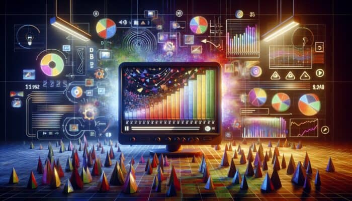 A/B testing ads on screen with graphs, analytics, and YouTube interface, showing ROI optimization and audience targeting.