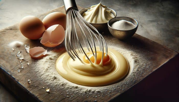 A whisk blending egg yolks and sugar into a thick custard, with eggs and mascarpone on a rustic counter.