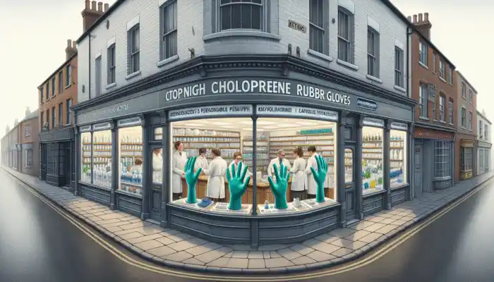 Kettering street with specialty shops showcasing rubber chloroprene gloves for medical and industrial use, staff assisting customers.