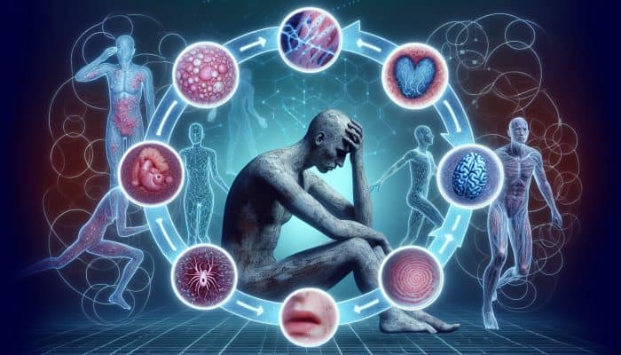 Person with stressed expression amidst visuals of eczema, psoriasis, acne, and stress response symbols.