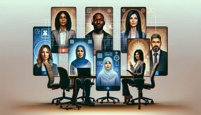 A diverse remote team in a virtual meeting, displaying frustration and confusion due to miscommunications and cultural differences.