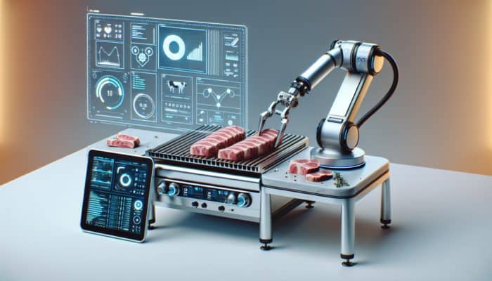 A robotic arm using AI to trim fat from meat on a modern grill with digital displays.