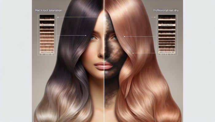 Hair coloring session: over-saturated roots with harsh lines vs. correct root smudge technique with soft blending.