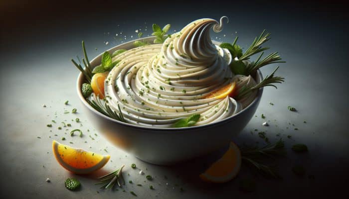 Whipped cream with vanilla, citrus zest, rosemary, and mint, enhancing dessert flavors.