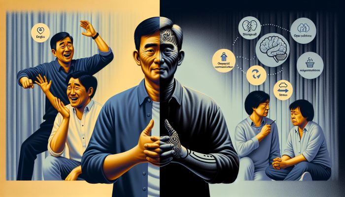 A man in a supportive family setting versus another stressed by traditional roles, showing mental health impacts.