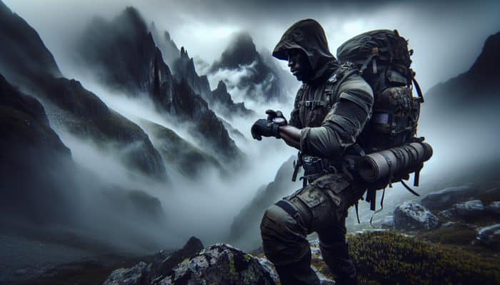 Hiker using survival watch compass in rugged mountains, navigating through fog, with Pacific Crest Trail and Andes in background.