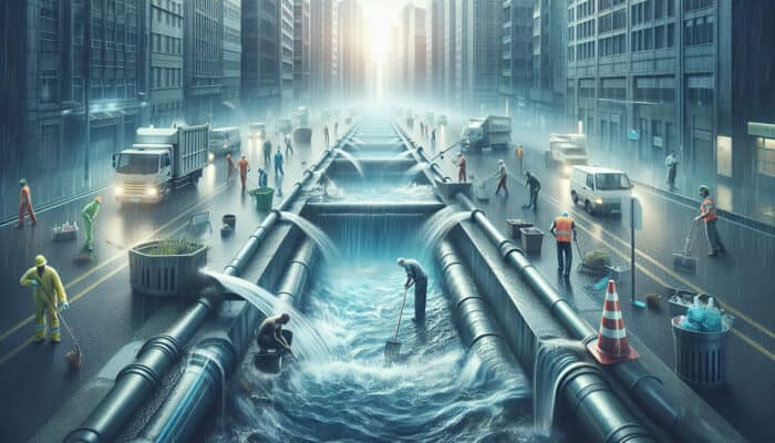 Workers cleaning storm drainage systems in a cityscape to prevent flooding during heavy rain.