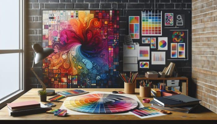 A designer's workspace showcasing harmonious and clashing block colors, illustrating color balance and psychological impacts.