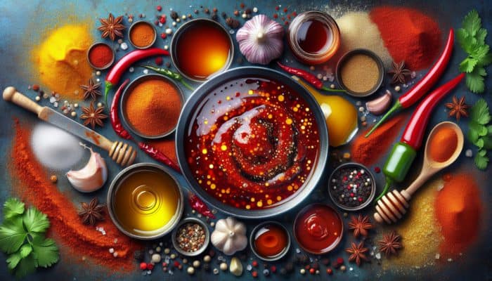 A vibrant, spicy marinade with cayenne, paprika, garlic powder, hot sauce, vinegar, honey, Worcestershire sauce, and mustard in a bowl.