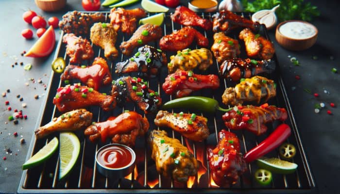 Assorted marinated chicken wings grilling, showcasing flavours like Buffalo, Honey Mustard, and Chipotle Lime.