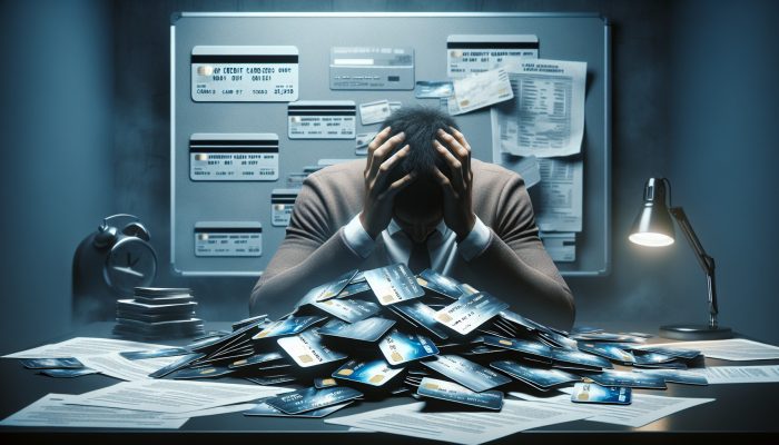A person surrounded by credit cards and loan documents, struggling with escalating debt due to undisciplined consolidation.