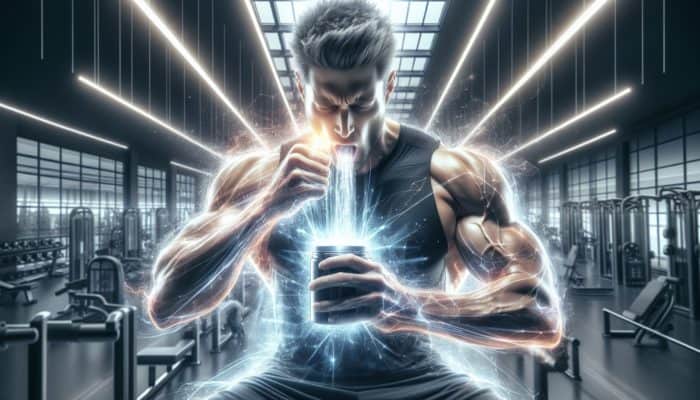 Evidence for Pre-Workout Efficacy: Athlete drinking pre-workout supplement in gym, surrounded by energy bursts, with enhanced focus and muscle definition.