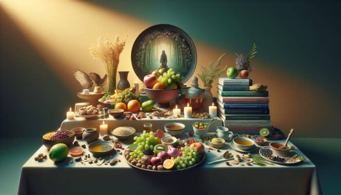 A serene table with healthy foods and books on grief and nutrition.