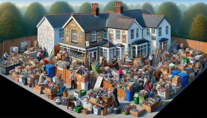 UK house clearance team sorting items for donations, recycling, and reuse to reduce waste.