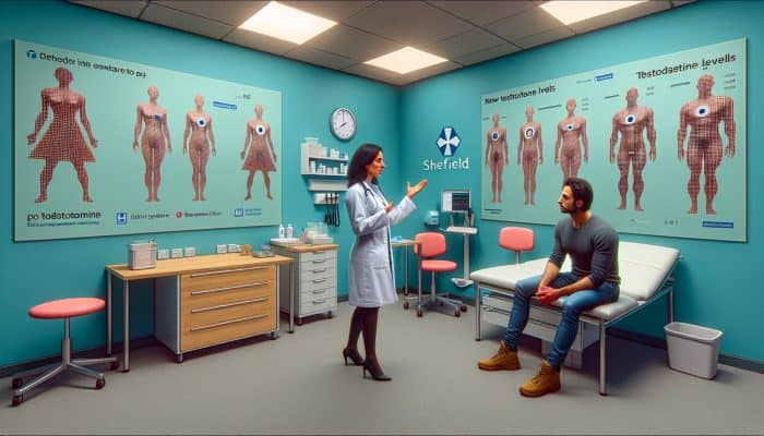 A Sheffield clinic's modern interior where a doctor explains testosterone test results to a patient using diagrams and charts, with NHS and private clinic logos visible.