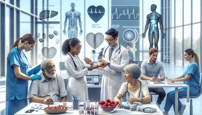 A modern medical clinic in Slough with diverse healthcare professionals conducting cholesterol tests on patients of various ages.