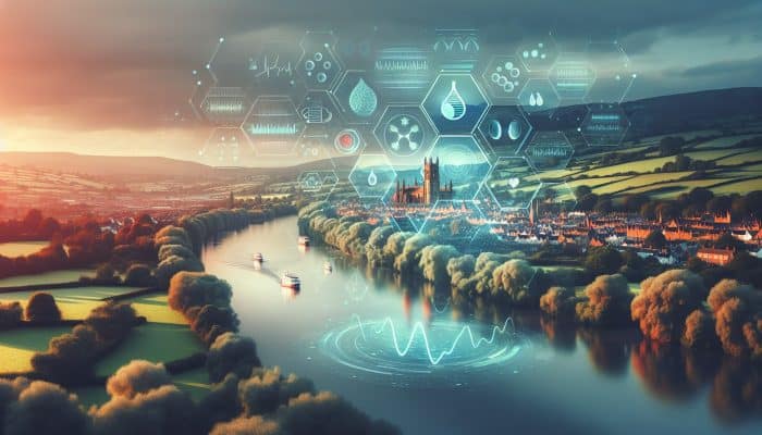 A serene Shrewsbury landscape with a medical infographic on thyroid blood tests and health symbols.