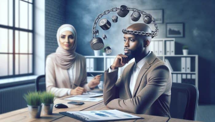 Debt Consolidation for Legal Fee Debts: UK Guide | DCL A person feeling relieved as debts are consolidated into one manageable loan, symbolized by merging heavy chains into a lighter one in a peaceful office.