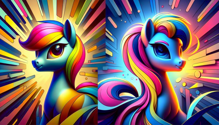 A vibrant, cheerful pony contrasted with a thoughtful, introspective pony against a dynamic background.