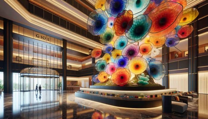 Colorful glass flower sculptures in a luxurious resort lobby, inviting interaction and exploration.