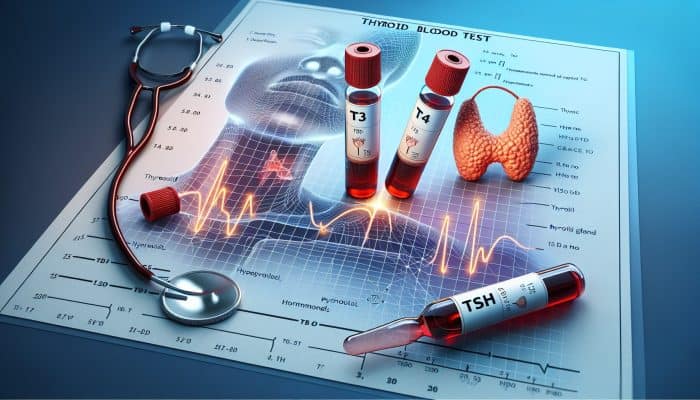 Thyroid Blood Test in Stevenage: Illustration of thyroid blood test vials labelled T3, T4, TSH, with thyroid gland and hormone level graphs.