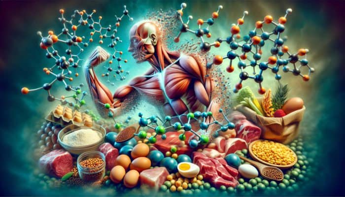 Illustration of protein molecules repairing muscle fibers, with protein-rich foods in the background.