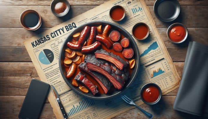 Kansas City BBQ featuring burnt ends, ribs, and sausage with a sweet, tangy sauce on a rustic table.