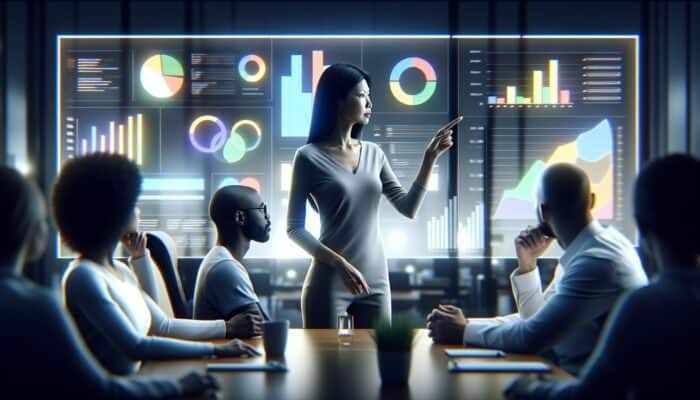 A team in a modern office focused on a screen with SEO analytics and Google Analytics, receiving training.