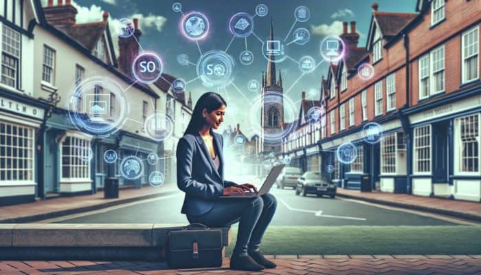 Small business owner using laptop with digital marketing icons, Blandford Forum architecture in background.